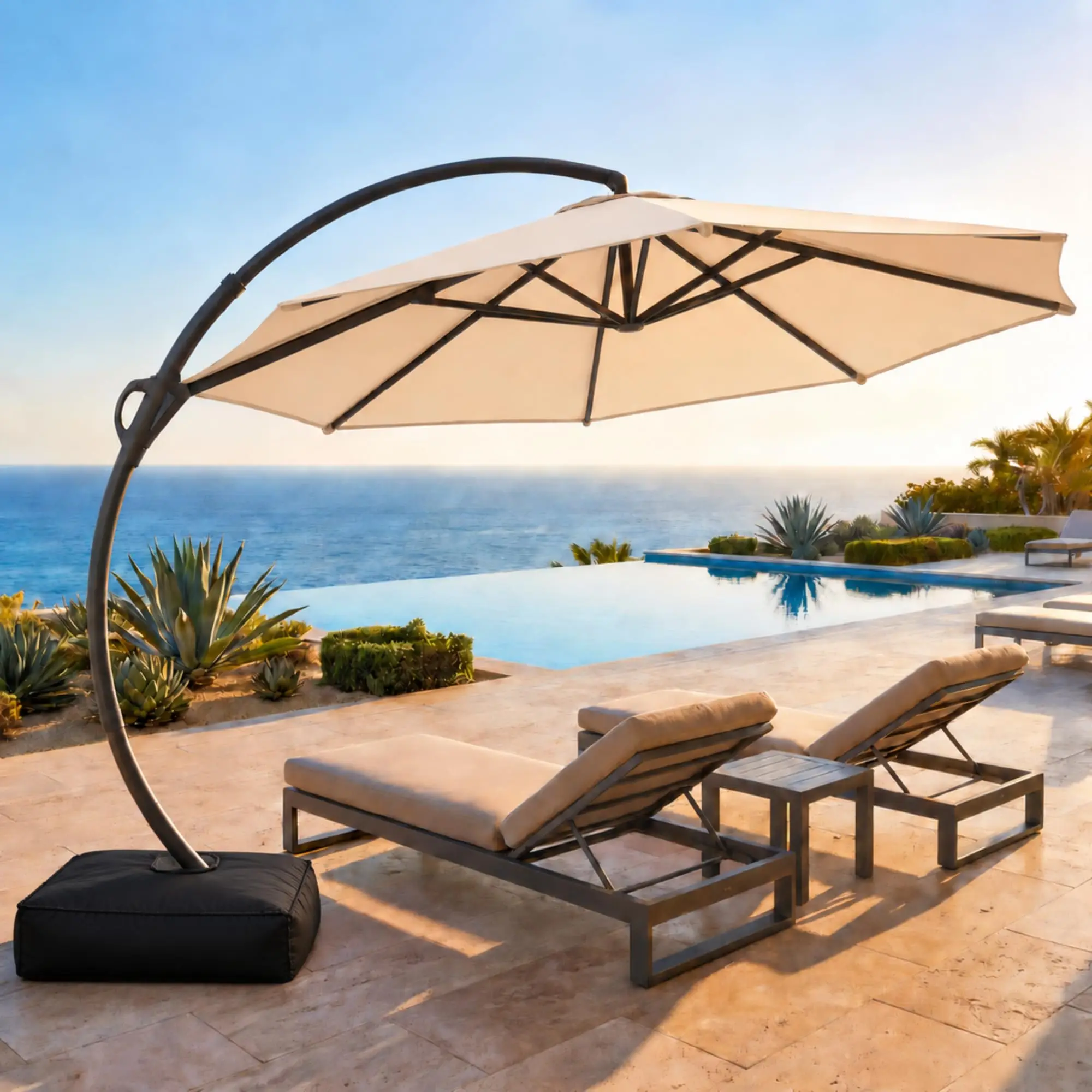 11ft Patio Cantilever Umbrella with Base Included, Outdoor Curvy Round Offset Umbrella, 360° Rotation for Pool, Deck