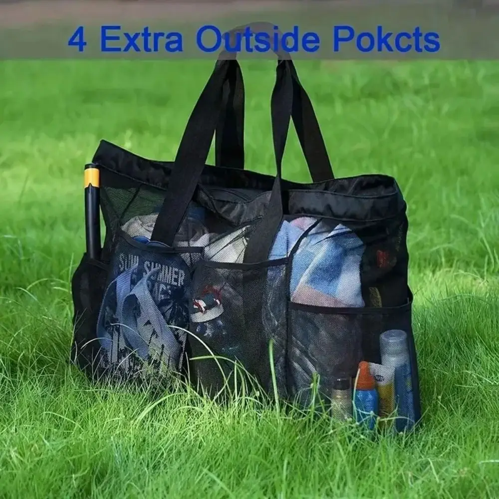 

Durable Large-Capacity Mesh Beach Handbag Drawstring Snaps Beach Toy Baskets with Handle Breathable Travel Wash Tote Bag Towel