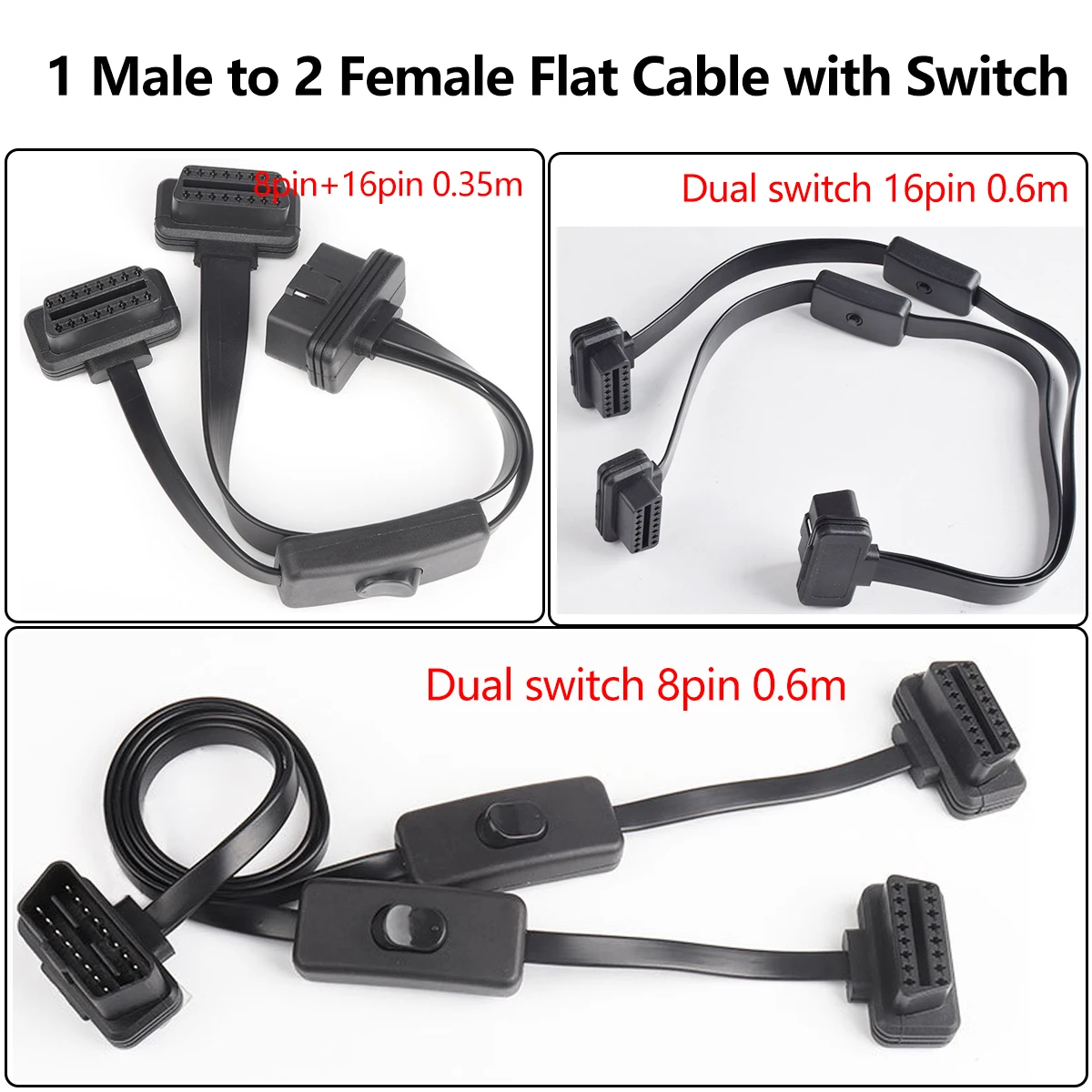 OBD OBD2 16Pin Female Extension Open Cable with Switch Diagnostic Interface Connector 1 In 2 Y Splitter Converter Male Adapter