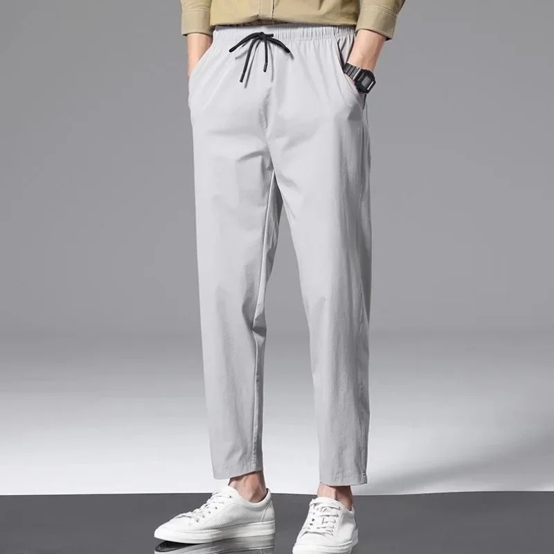 Summer Thin Ice Silk 9 Points Casual Pants Men's Loose-fit Straight-leg Sports Pants 2022 New Style One-piece Delivery