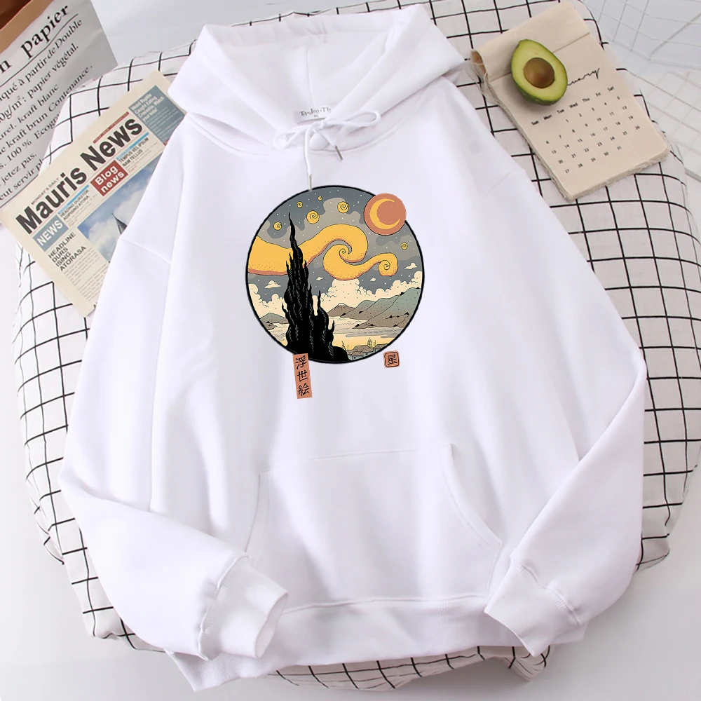 Starry Ukiyo-E Night Printing Hoodie Men Fashion Comfortable Hoody Autumn Fleece Sweatshirt Casual Warm  Pullover Tops