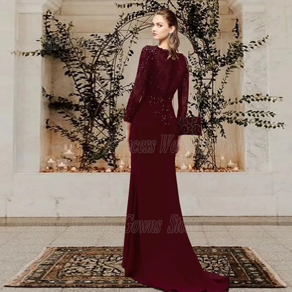 Vestido sirena para madre de la novia, manga larga, cuello redondo, cuentas, vestido de fiesta de boda sencillo, cola de barrido, cremallera en la espalda, 2022