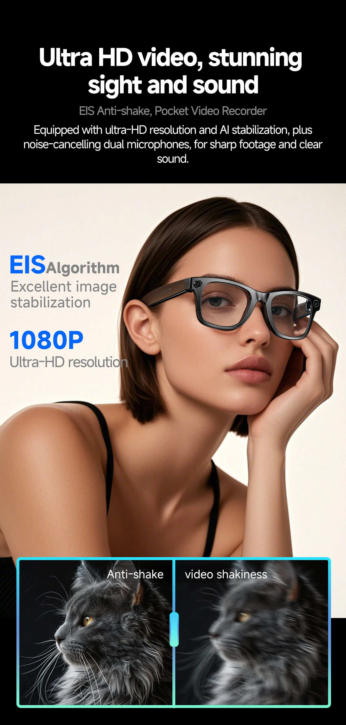 Anti-Shake-Technologie KI-Smart-Brille 4K 800W Kamera Fotos KI-Übersetzung Musik BT-Anruf Farbwechselnde Smart-Brille für Damen und Herren – Detail 8