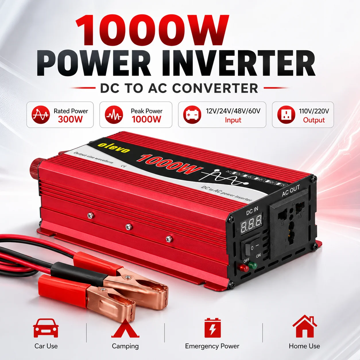 

"High-quality pure sine wave inverter 1000W converts DC 12V/24V/48V/60V to AC 110V, equipped with universal socket and ch