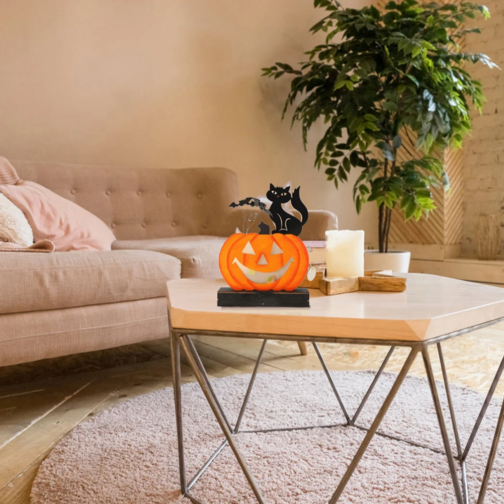 

Wooden Halloween Pumpkin Light Black Cat Design Glow Operated Desktop Lamp Decor Classic Celebration nament Home