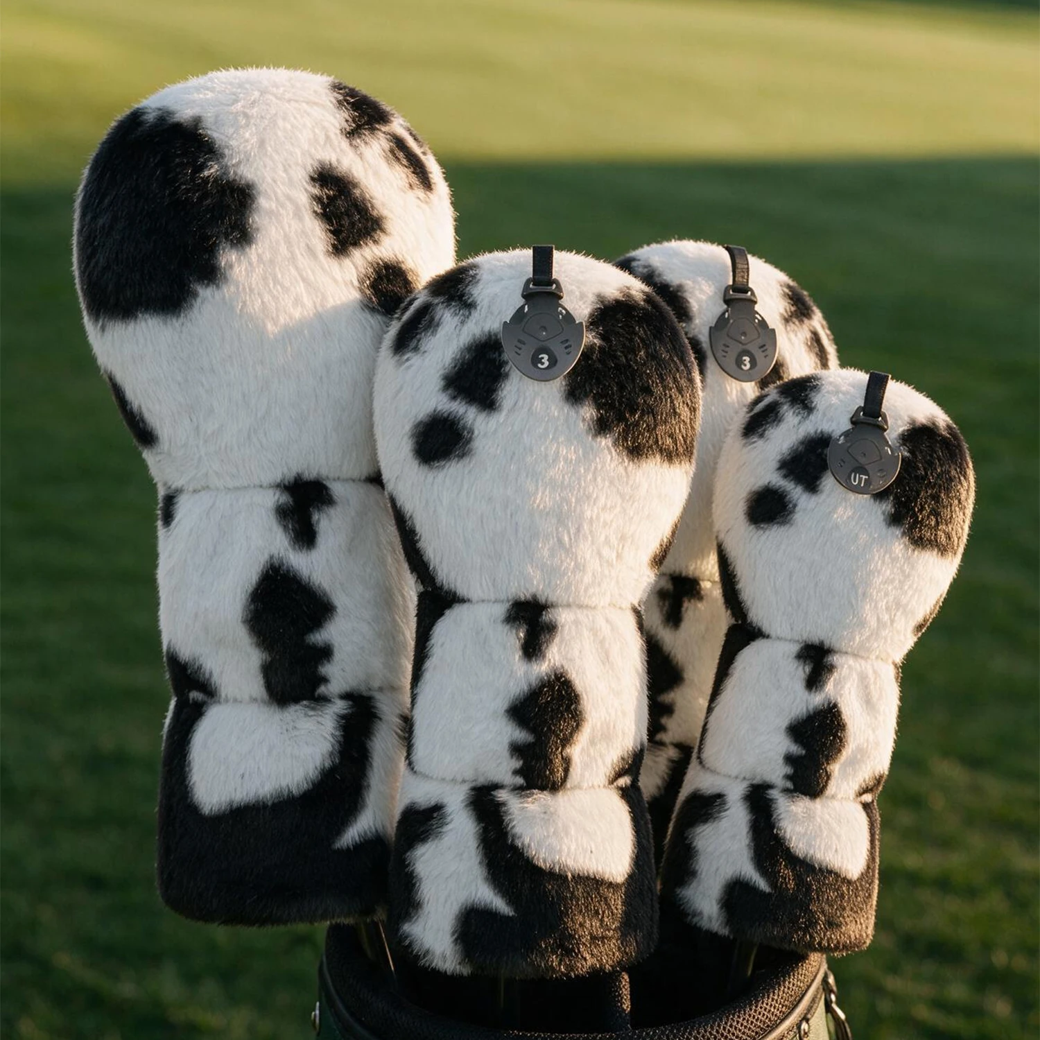 1PC/4PCS Plush Cow Print Golf Club Head Covers, Soft Faux Fur Material, Embroidery Logo Design, Rotatable Number Tags