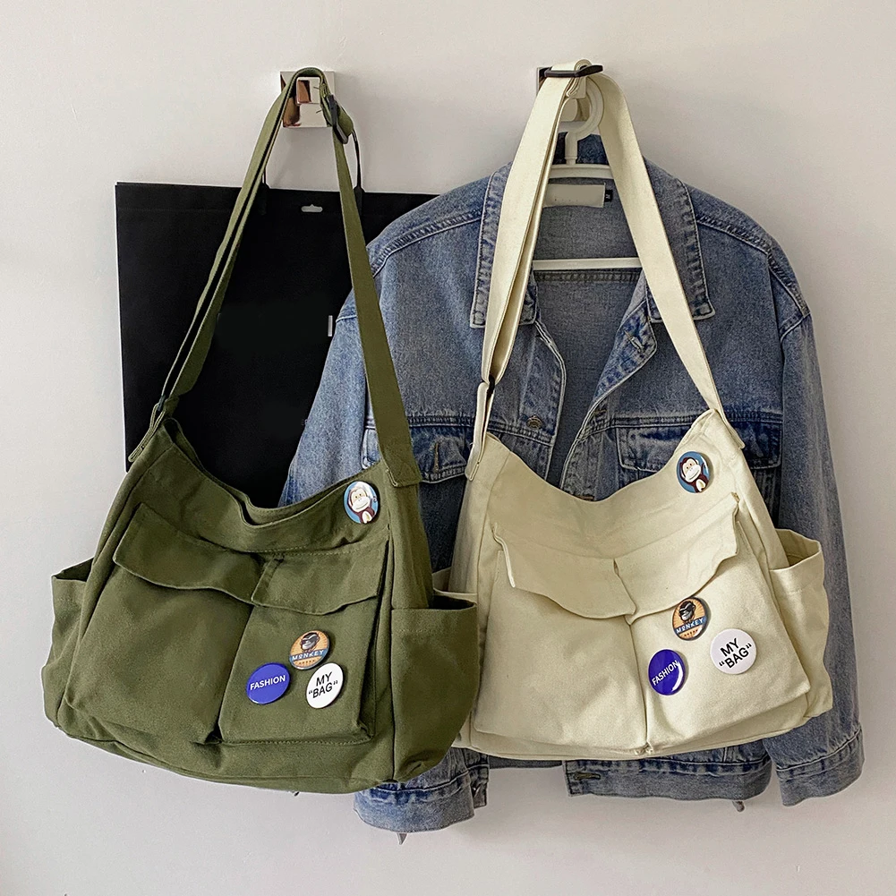 

Винтажная женская сумка через плечо большой вместимости, мужская сумка-кроссбоди с значками, ретро-сумка через плечо с несколькими карманами для путешествий и офиса