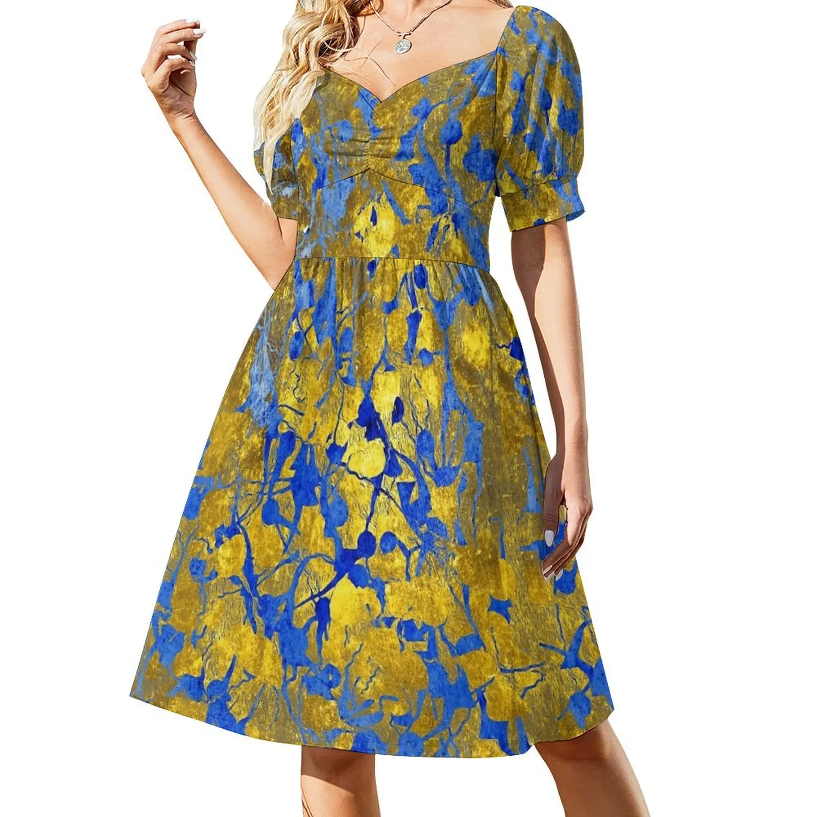 Blue Splash on Gold Short Sleeved Dress dresses with long sleeves woman dress women's luxury party dress