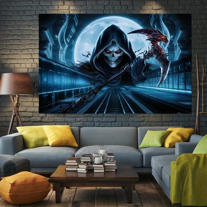 VIKAMA Cyber Reaper Tapestry Moonnight Urban Wall Carpet Gothic Skull Holding Dragon Sickle Art Room Decoration