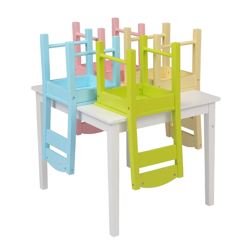 Children's Wooden Table Chair Set Include 1 Table 4 Chairs Pine P2 Density Board Colorful Natural Color[US-Stock]