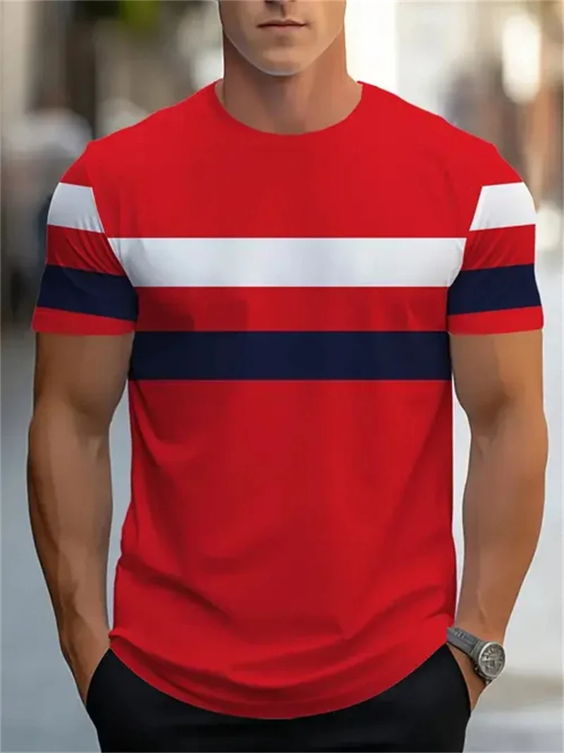 Herren T-Shirt mit Rot-Weiß-Marineblau Streifenmuster Rundhals Kurzarm Lässige Streetwear Atmungsaktives Oberteil