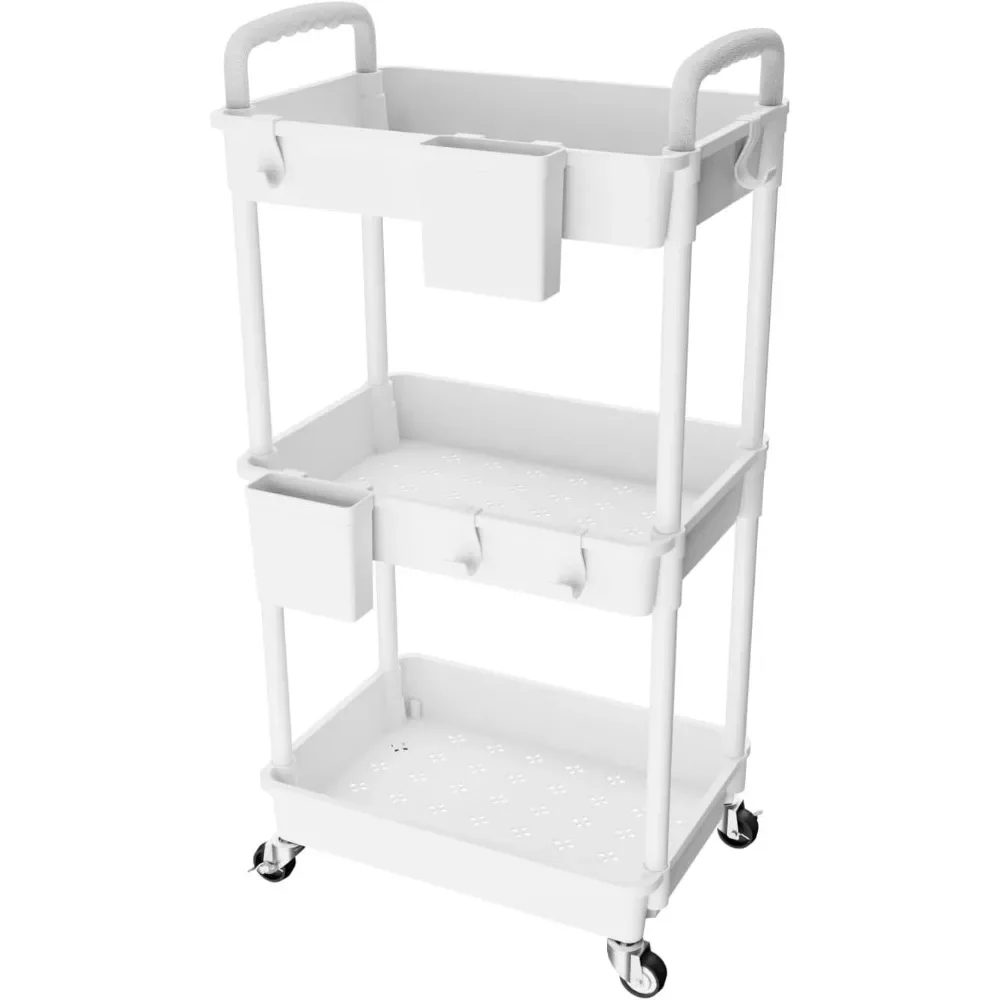 

3 Tier Rolling Utility Cart with Handle, Utility Cart Made of Multifunctional Storage Organizer Tool for Bathroom, Living Room