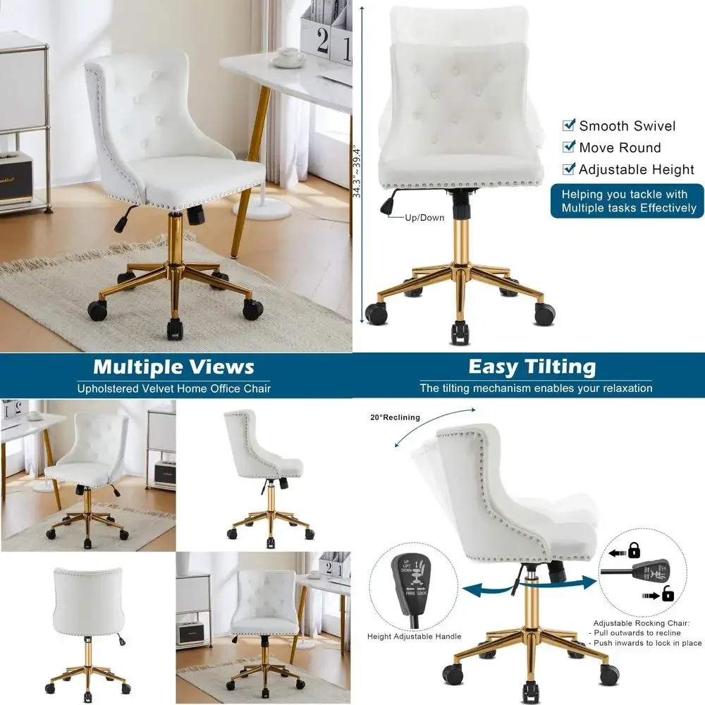 Silla de escritorio de oficina sin brazos de terciopelo blanco con base dorada - Silla de maquillaje pequeña para comodidad en el dormitorio