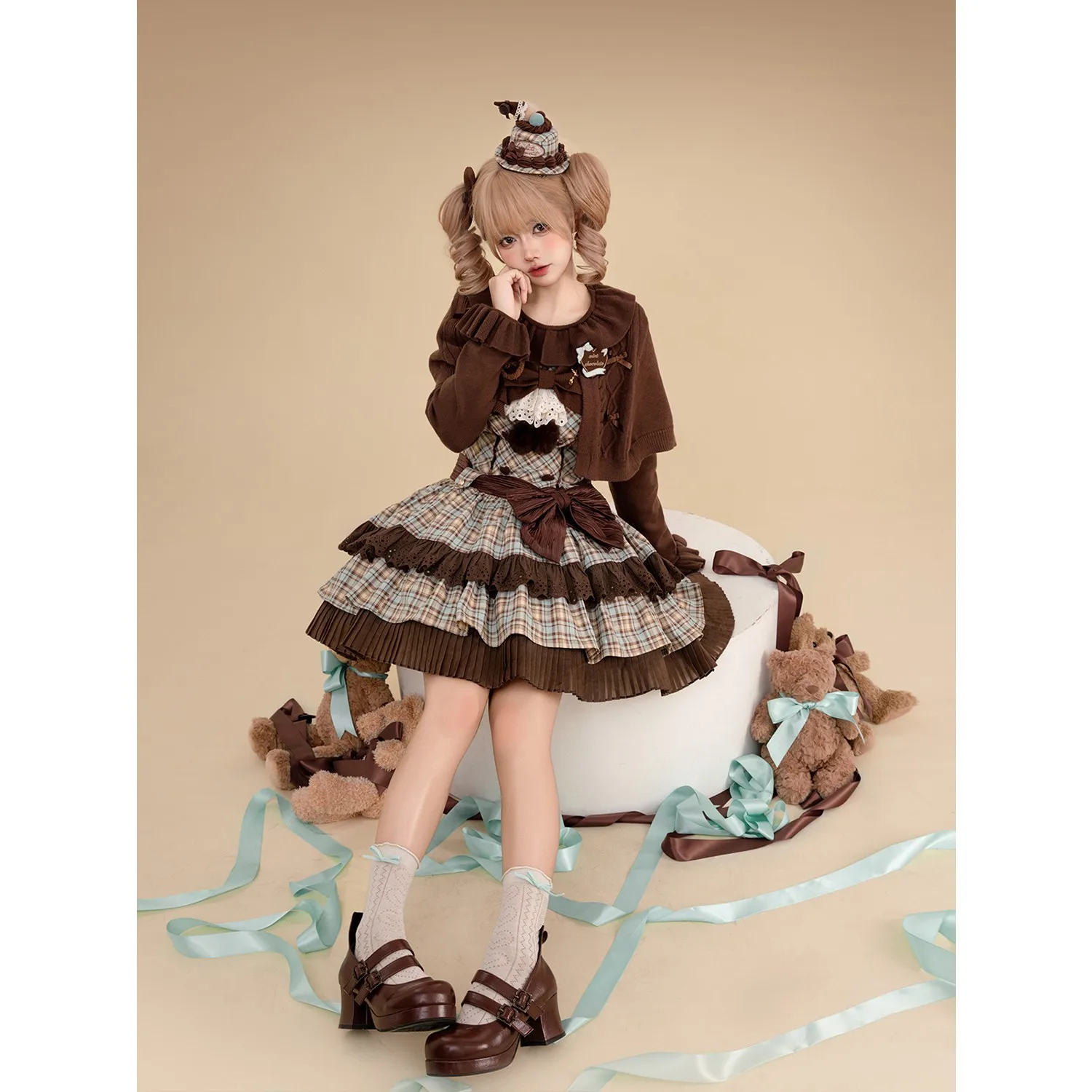Abito da torta senza maniche al cioccolato menta carino e retrò Serie Lolita Set da due pezzi con mantello maglione autunno e inverno