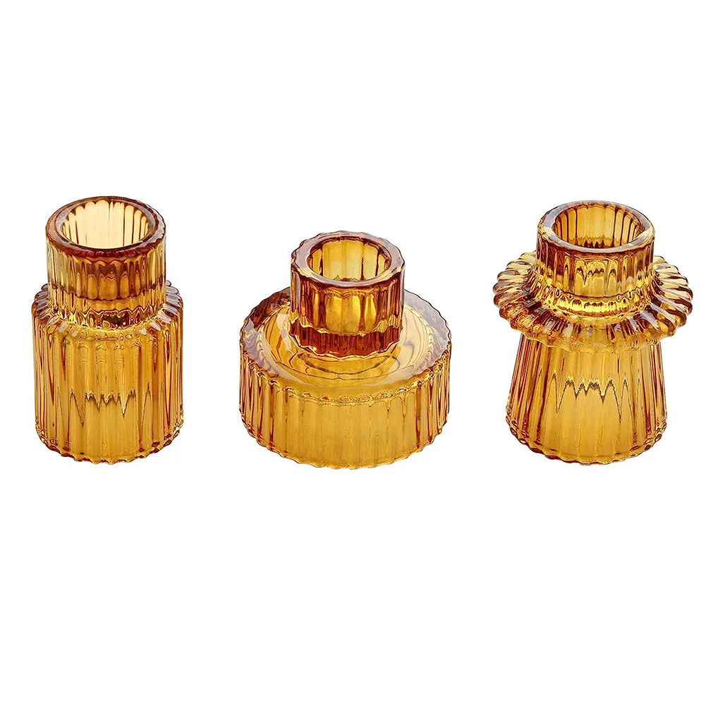 Decorations Candlestick Holders Vertical Striped Glass Pillar Candles Set Of 3 Tealight Candles Birthdays Christmas