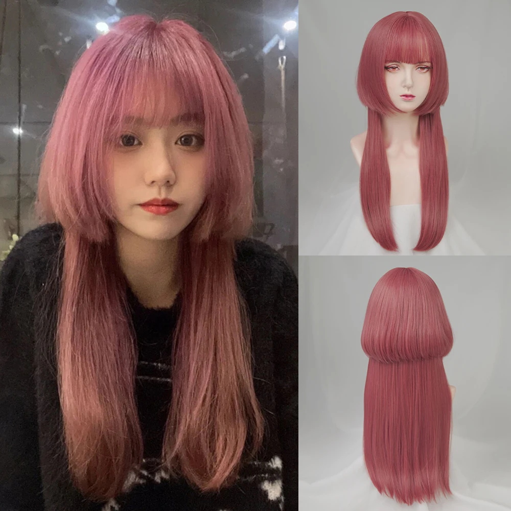 VICWIG Long Straight Synthetic Jellyfish Head Wig with Bangs Pink Black Lolita Cosplay Hair Heat Resistant Wig for Daily Party