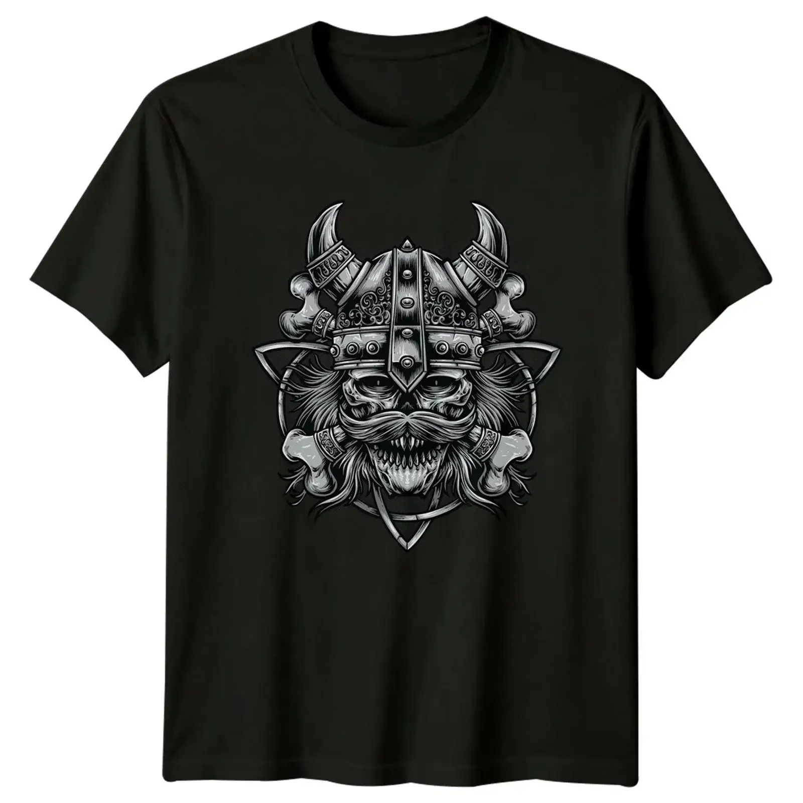 Wikinger Krieger Totenkopf gehörnt Herren T Shirt Gothic Nordic Mythologie Geburtstag vintage Washed Casual Breathable Soft