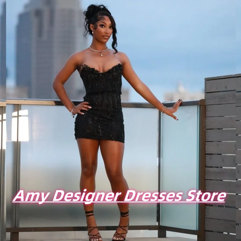 

South African Charming Black Mini Birthday Party Dress For Women Shinny Sequin Tassel Short Porm Dress Cocktail Gowns Customized