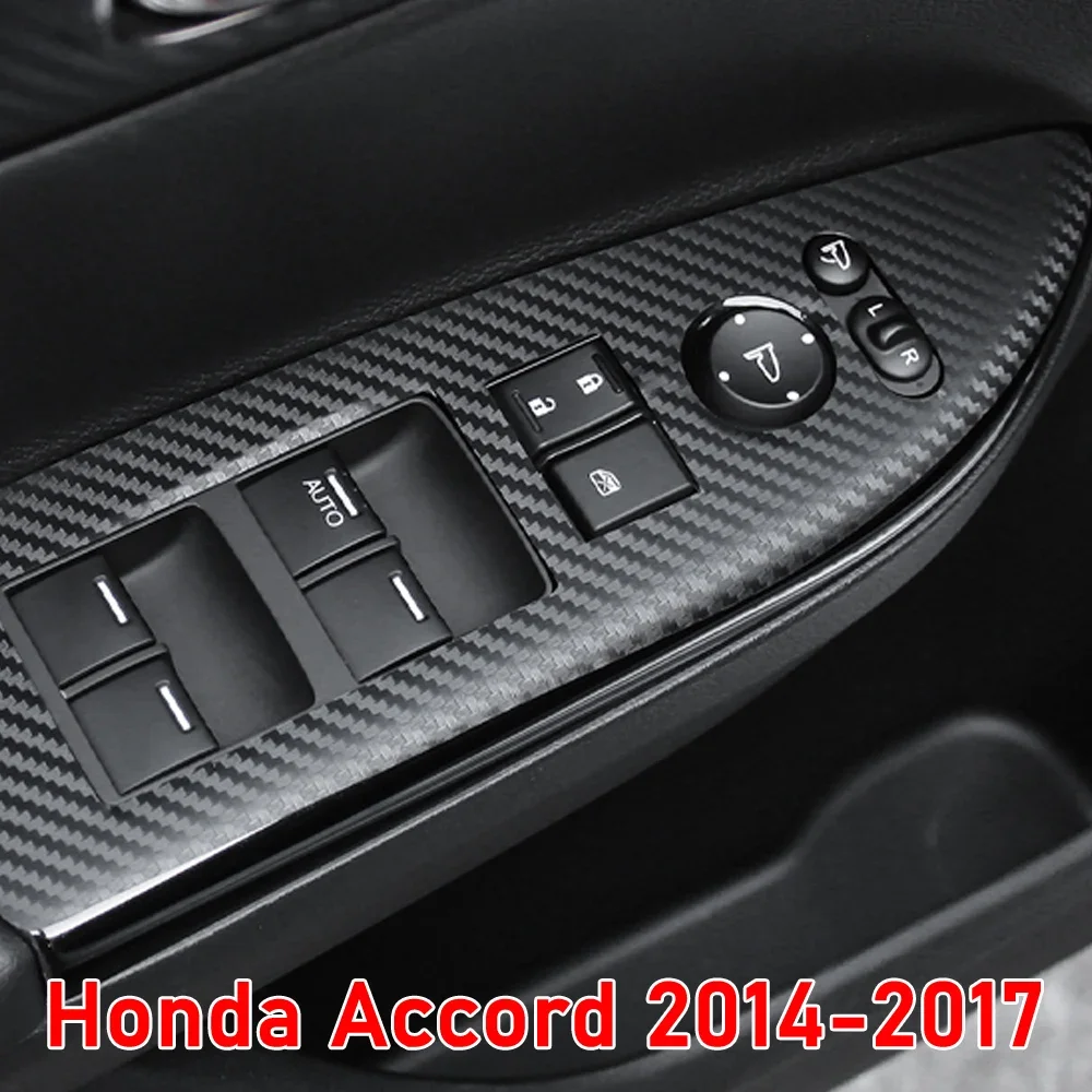 Car Styling Black Carbon Decal Car Window Lift Button Switch Panel Cover Trim Sticker 4 Pcs/Set For Honda Accord 2014-2017