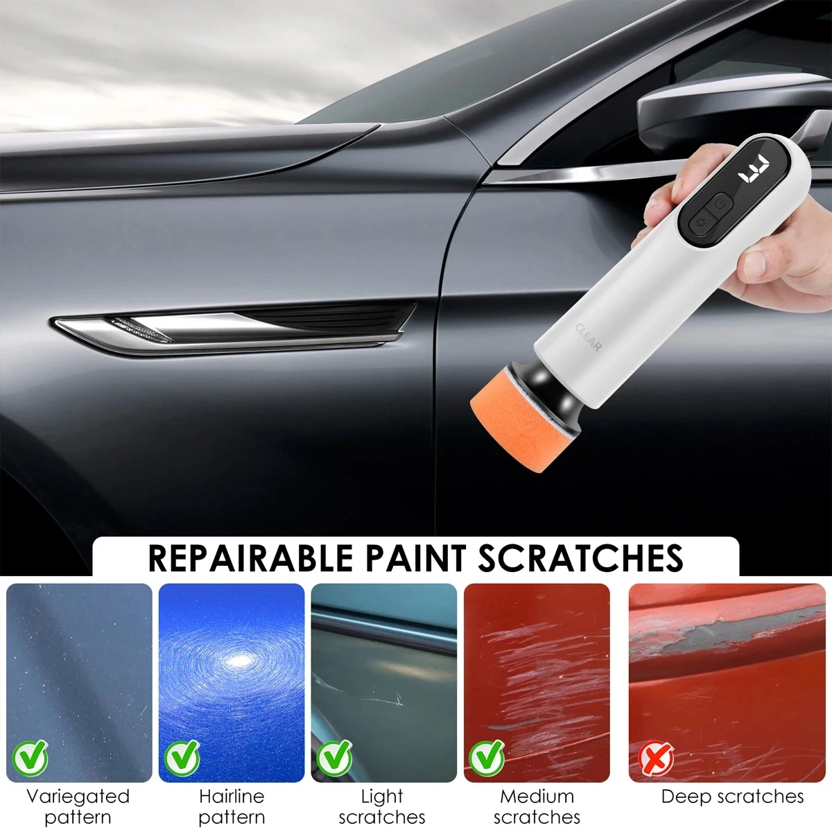 Car Polisher Machine Mini Cordless Electric Polishing Wax Tool Adjustable 3 Speeds LED Display Auto Polish for Car Body  2000mAh