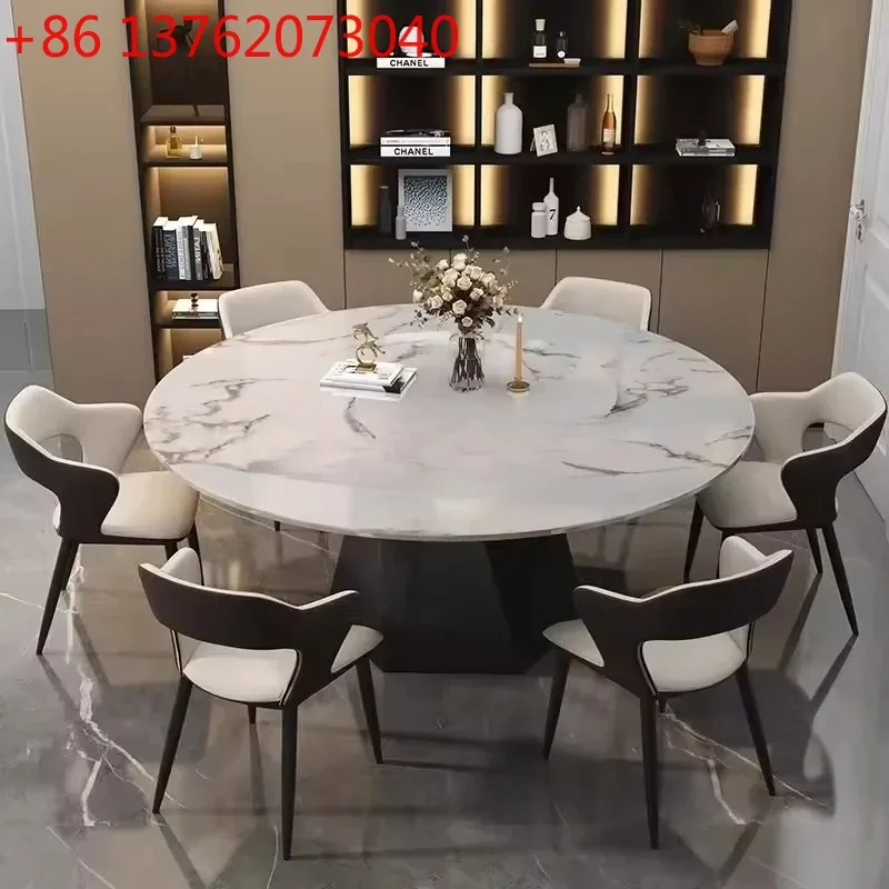Italian light luxury rock slab dining table and chair combination household round marble dining table with turntable