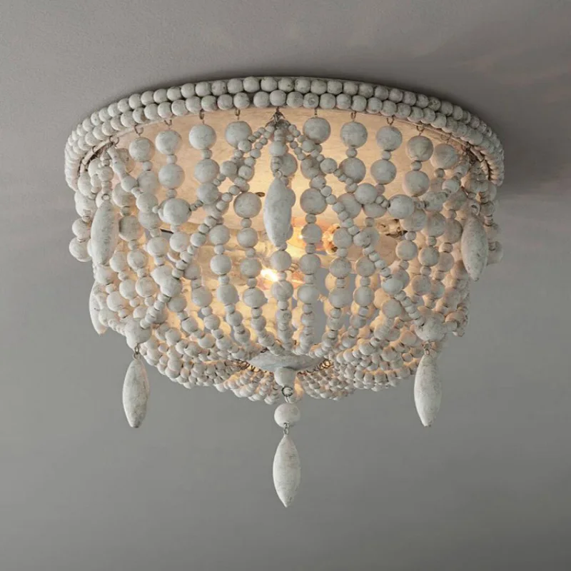 Bohemian Style LED Wood Bead Ceiling Light French Fixture for Living Room Bedroom Dining Table Home Decoration Lighting