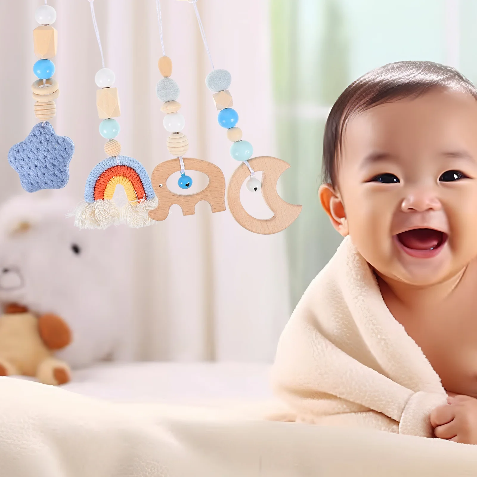 

4 pcs Wooden Rack For Newborn Play Infant Activity Gym Wood Hanging Cute Cartoon Design Easy Clean Storage