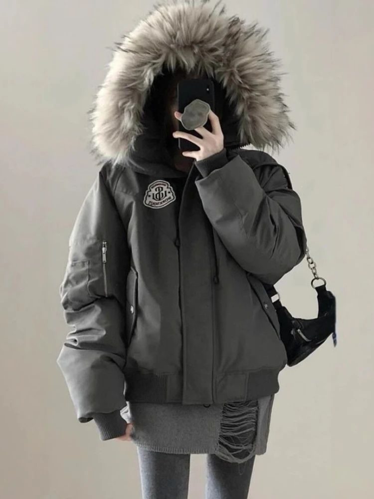 

Y2k Эстетические осенне-зимние модные куртки с капюшоном женские дизайнерские хлопковые пальто с меховым воротником в стиле Харадзюку шикарная свободная теплая верхняя одежда