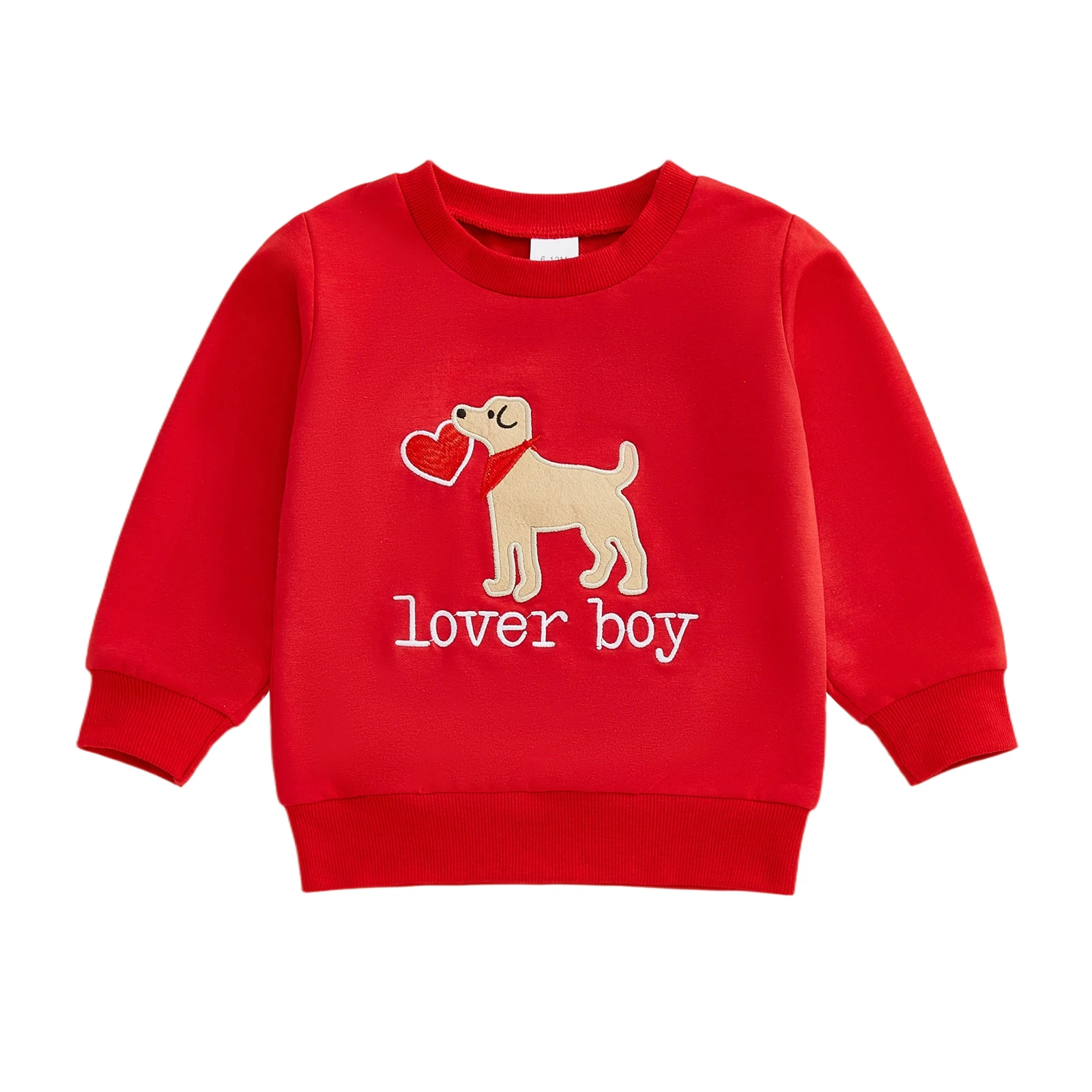 سترة عيد الحب للأولاد الرضع مع تطريز على شكل قلب وكلب، بلوفر برقبة دائرية وأكمام طويلة لملابس الربيع