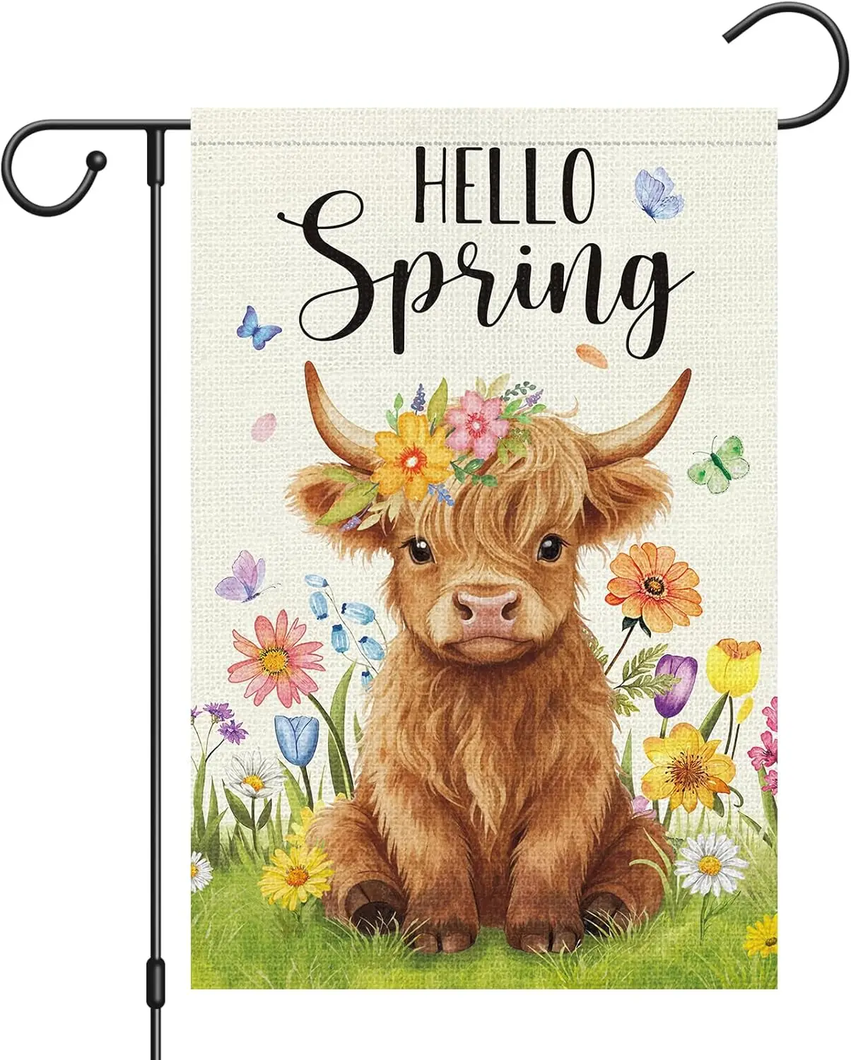 Heyfibro Hello Spring Highland Cow Garden Flag 12x18 Double Sided Burlap, Floral Crown Baby Cow & Butterfly Yard Banner  KKZ PPM