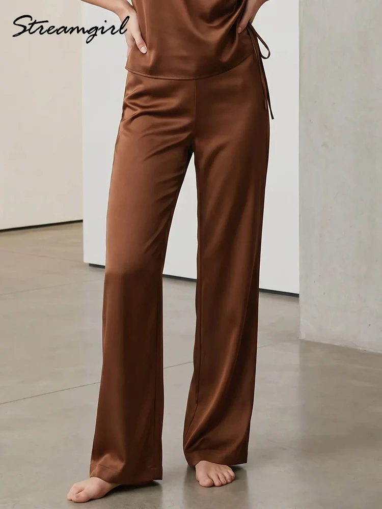 

Women Straight Leg Satin Pants For Summer Elastic Waist Black Silk Trousers Luxury Office Wears For Ladies Wide Leg Pants Satin