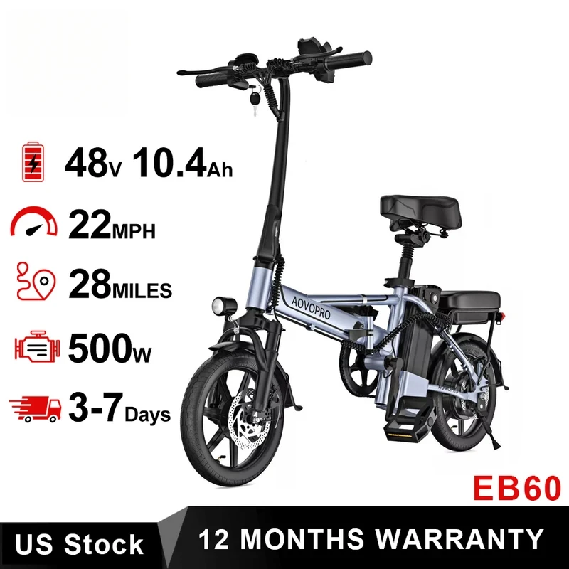 

14inch EB60 Foldable Ebike 500W 48V 10.4AH Electric Bicycle 22MPH 28Miles Long Range with Two Seats for Adult