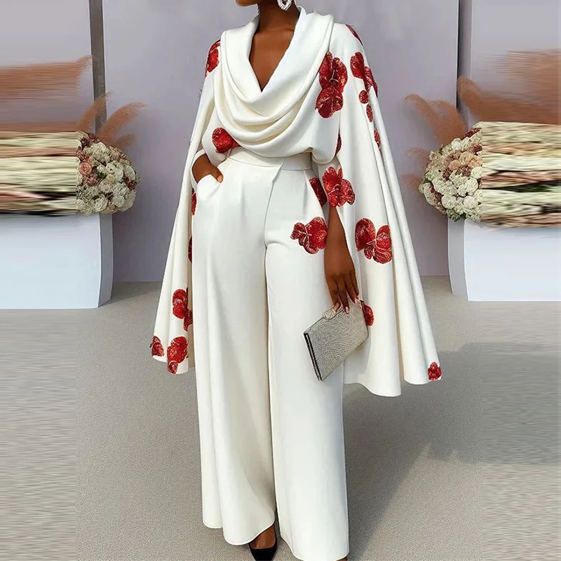 Elegant Floral Print 2Pcs Suit Sexy Cut Out Club Party Outfits Women Chic Scarf Collar Shawl Sleeved Tops&High Waist Pants Sets