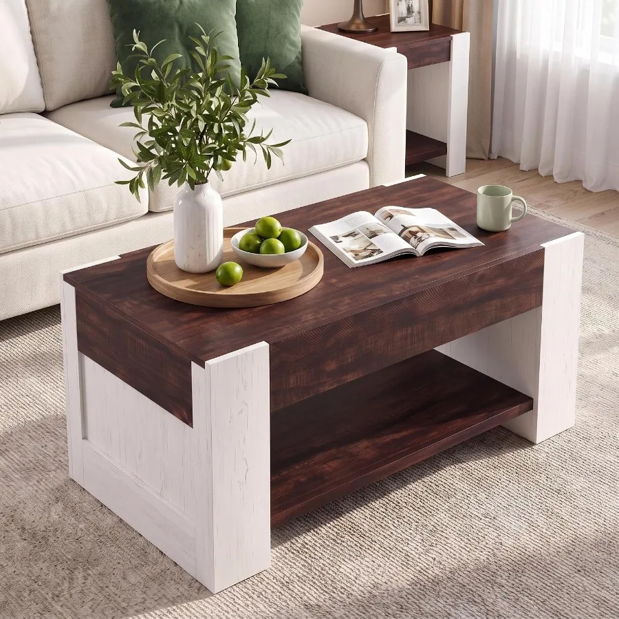 47 Coffee Table with Hidden Storage Drawer for Living Room, Wood, Natural Brown, Space-Saving Design