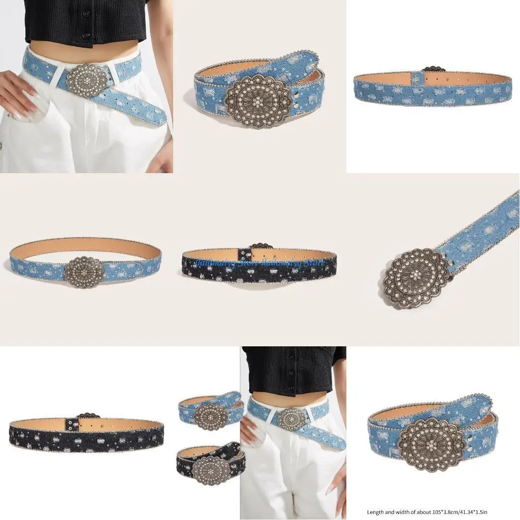 

573B Distressed Waist Belt Relief Flower Buckle Waist Belt PU Leather Wide Belt Adjust Coat Dress Female Ethnic Waistband