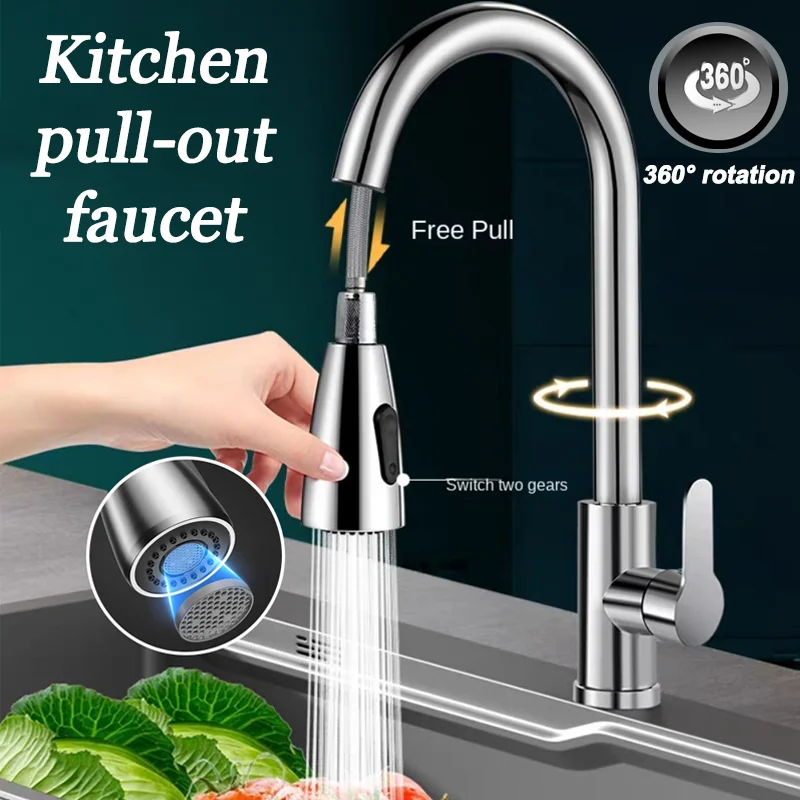 

Kitchen Faucet Modern Simple Stainless Steel Hot and Cold Dual-use Pull Out Extended Splash Sink Suitable for The Kitchen