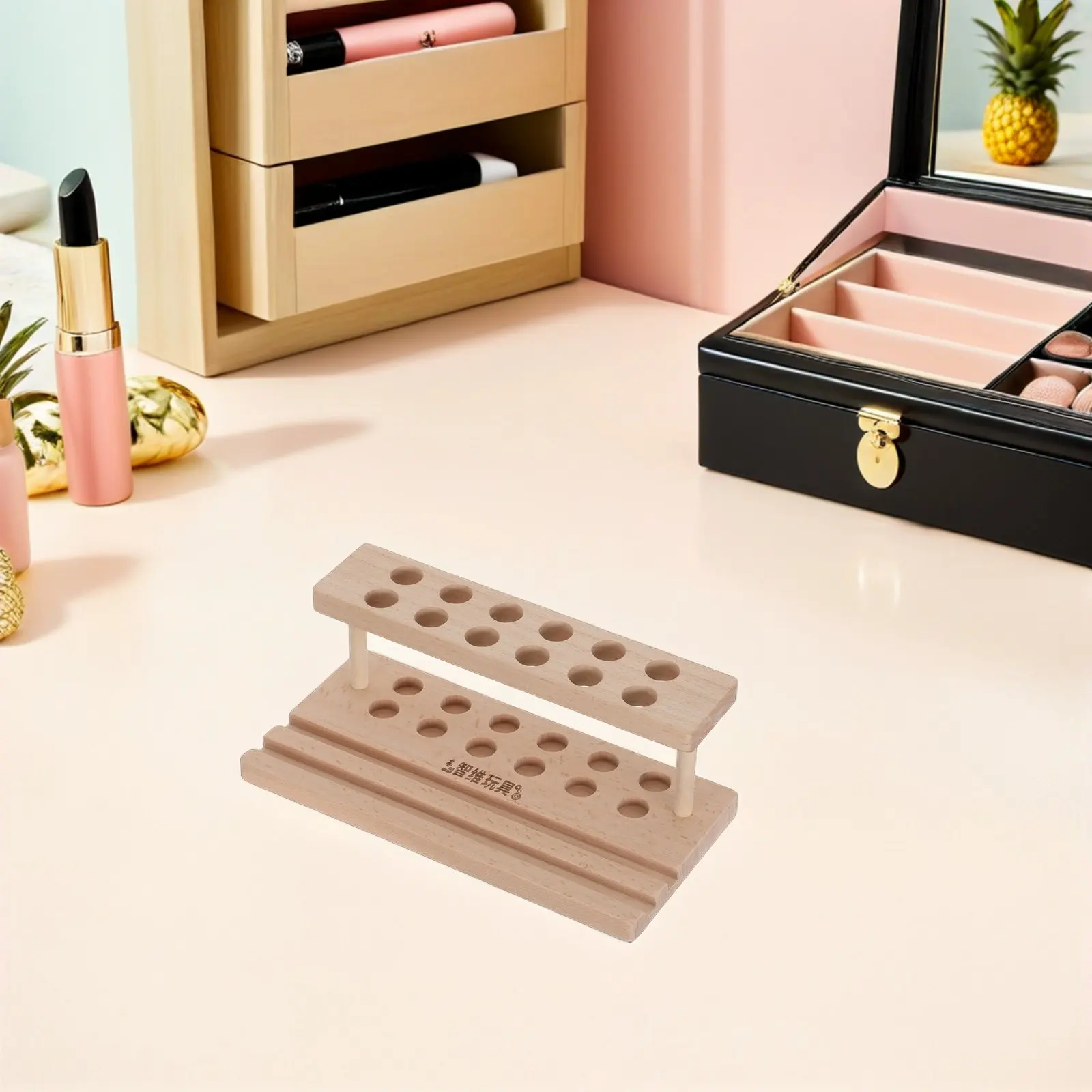 Rustic Wooden Pen Holder Organizer 12 Slot Makeup Brush Dryer with Integrated Phone Stand Desk Vanity Storage Natural Wood - view 5