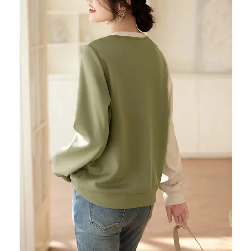 Women\'s Clothing Spring Autumn Round Neck Pullover Button Lantern Long Sleeve Contrast Color Hoodies T-shirt Casual Loose Tops