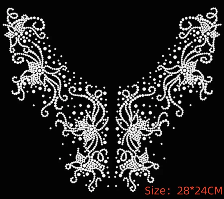 2PC/Lot Big Flower Iron-On Applique Patches Rhinestone Motif Design Hot Fix for Shirt And Dress Transfer