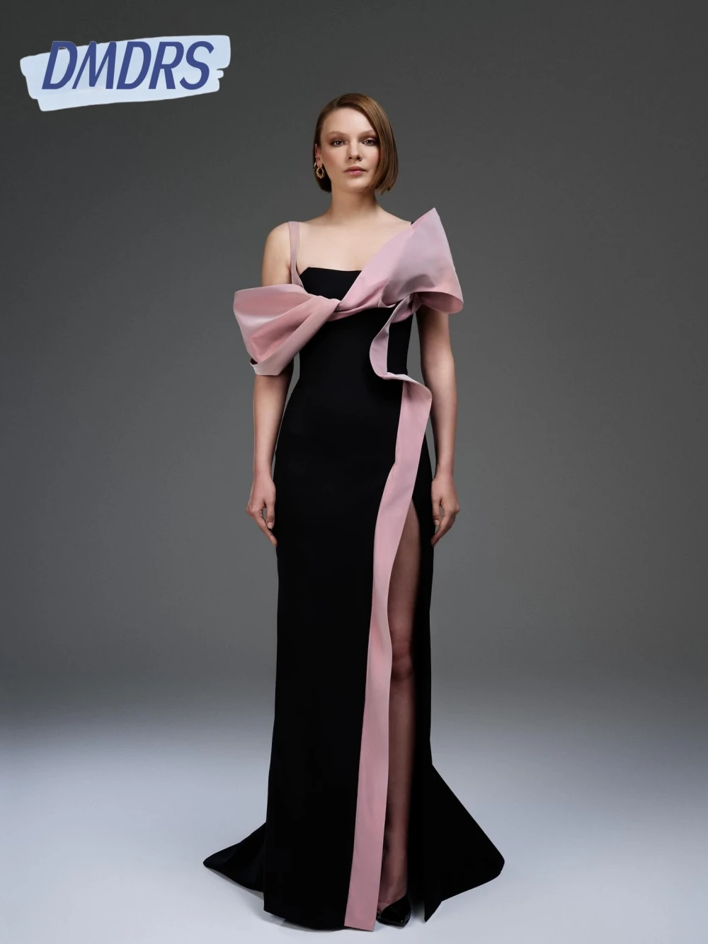 

DMDRS Stylish Floor-length Bow Evening Dress Sexy High Split Contrast Color Women Prom Gown Customized For Party Zipper Back