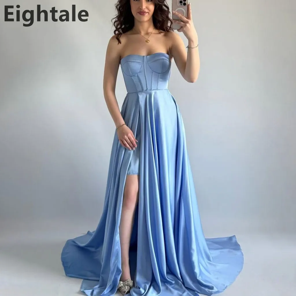 

Eightale светло-голубое атласное вечернее платье трапециевидной формы с разрезом без бретелек, вечернее платье для выпускного вечера на шнуровке, женские вечерние платья в Дубае по индивидуальному заказу