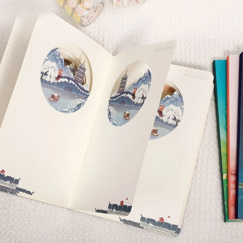 سلسلة هانغتشو الثقافية الإبداعية حساب اليد جسر مكسور الثلوج ثلاثة حمامات ضوء القمر ثلاثية الأبعاد ورقة نحت دفتر جوفاء