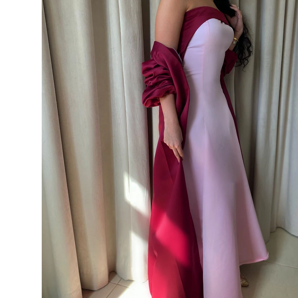 Customized Classic Strapless Detachable Sleeves Pleats Evening Dress Temperament A-Line Contrast Color Zipper Back Party Gown