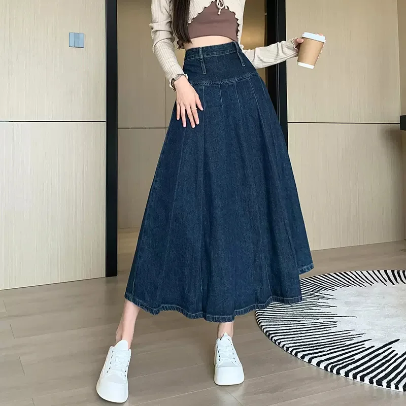 New Women Spring Summer Vintage Pleated Skirt Fashion High Waist All-match A-Line Denim Skirt Casual Loose Dark Blue Long Skirt