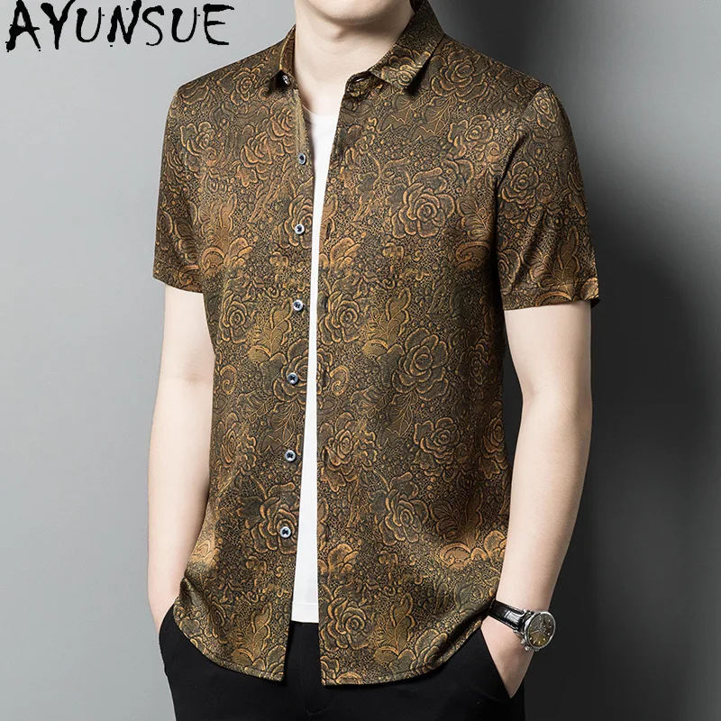 AYUNSUE 92.5% Mulberry Silk Mens Summer Shirt Mens Shirts Short Sleeves One Piece Shirt Casual Men Clothing Chemise Ete Homme