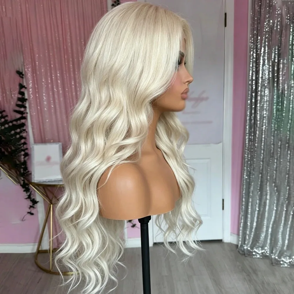 White Wig Natural Wavy Lace Front Wig 13x4 Hd Middle Part Synthetic And Blend Pre Plucked Cosplay Beginners Daily Party Use