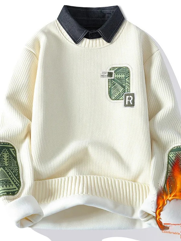 

Мужской вязаный свитер с воротником-стойкой, имитирующий двухслойность, теплый зимний базовый слой, повседневный стиль