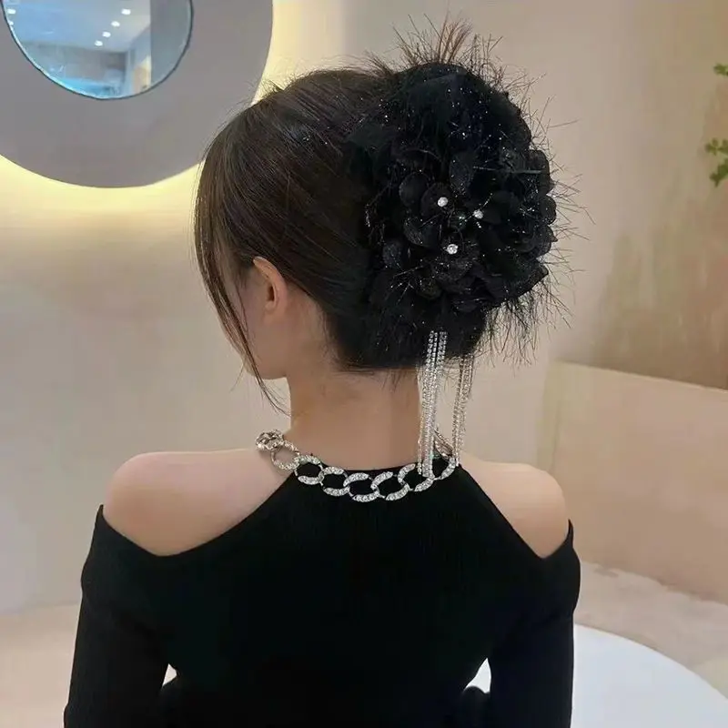 VANIKA New Black Feather Big Bow Hair Claw Women Elegant Rhinestone Tassels Ponytail Clip Crab claws Headwear Hair Accessories