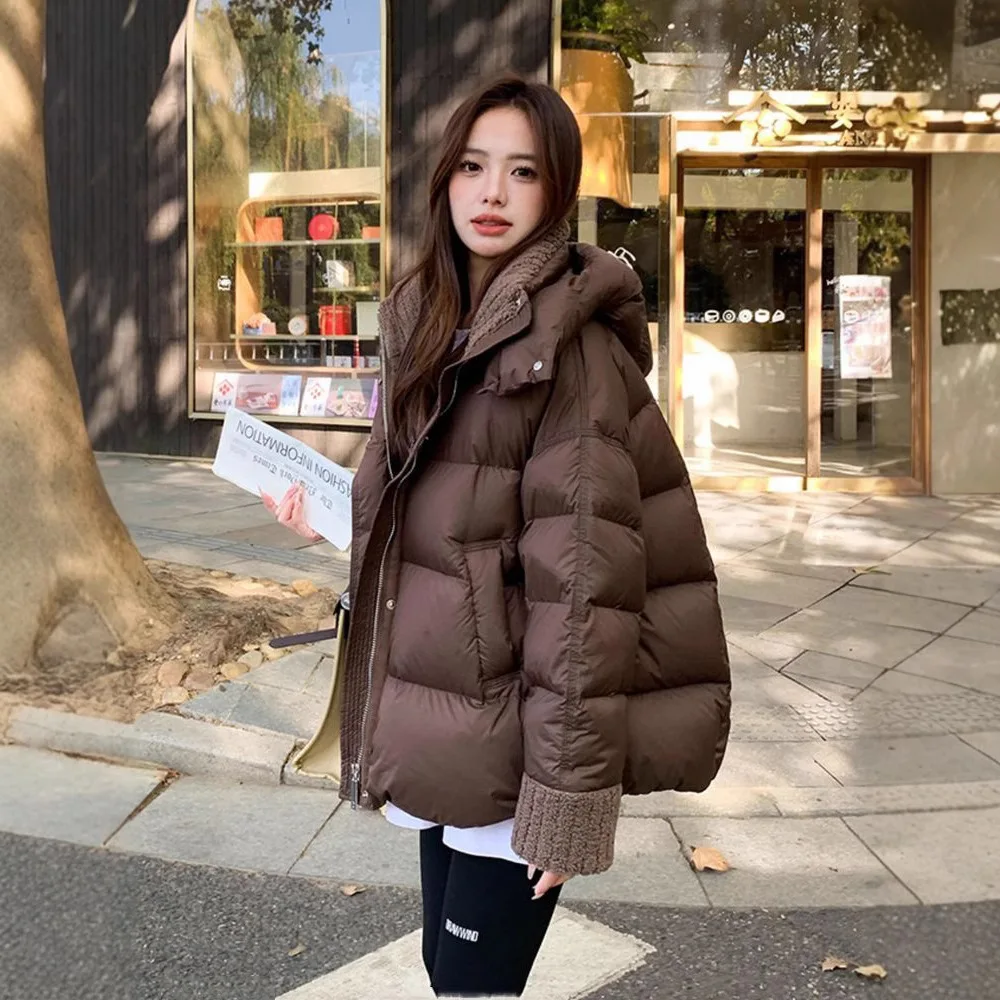 

Women's Oversized Thiened down Cotton Jaet Lamb Fur Collar Quilted Knitted Coat Spring 2025 Faion Outerwear