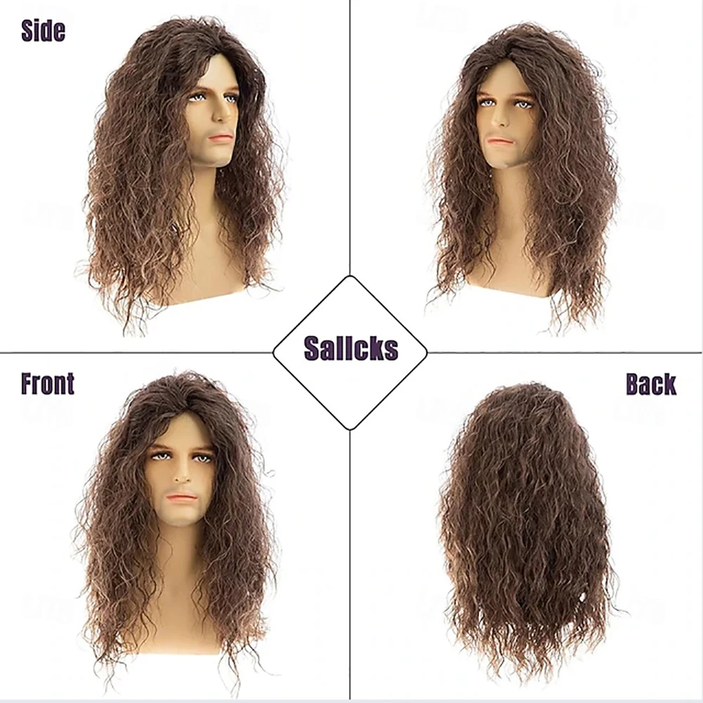 HAIRJOY Synthetic Hair Mens Long Curly Brown Wig  70s 80s Rocker Cosplay Costume Halloween Party Wigs